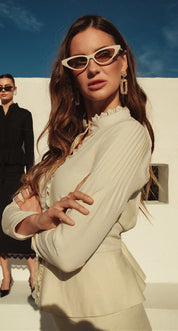 Bliss Embroidered Trim Linen Blouse Cream