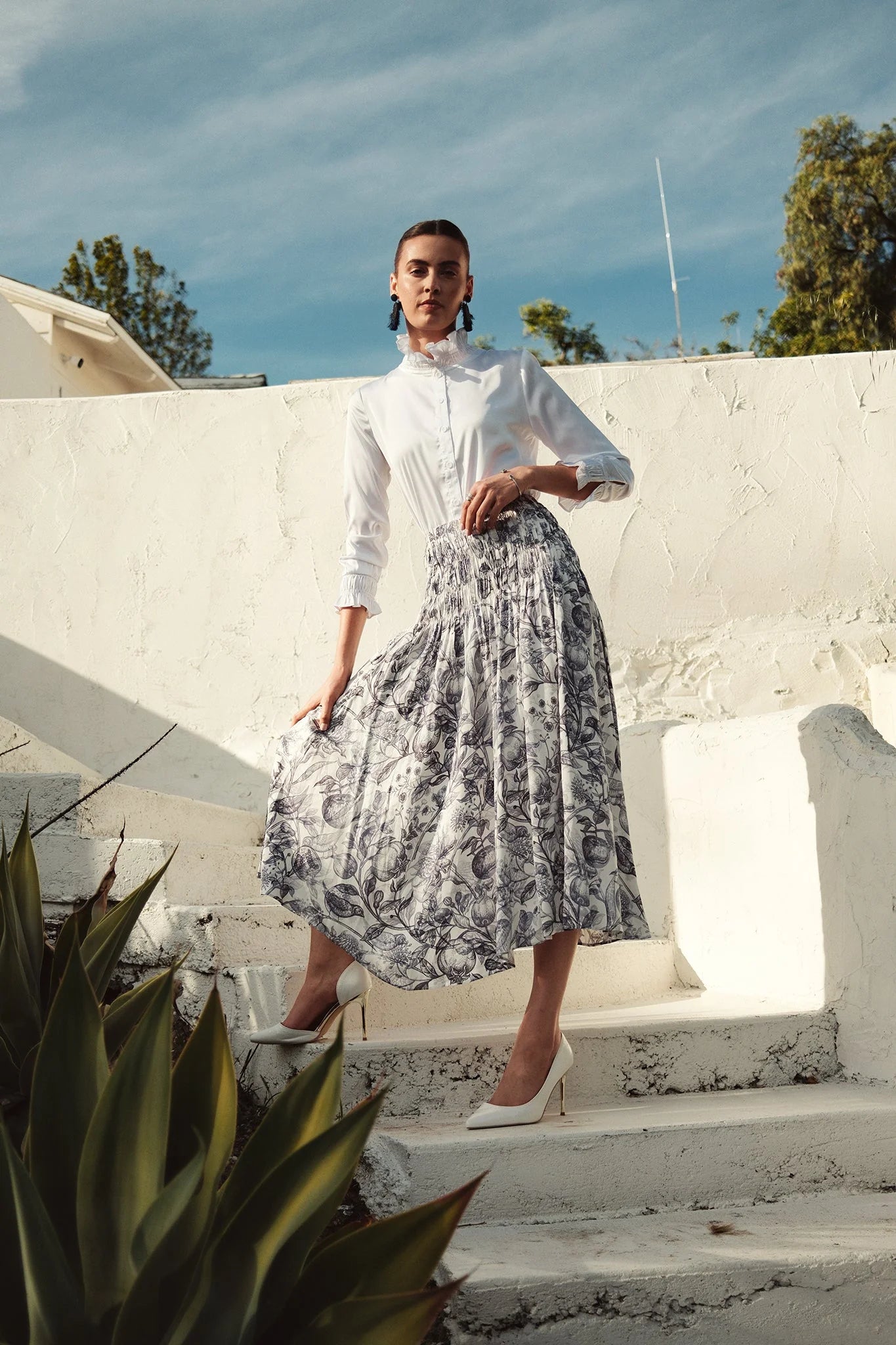 Bliss Smocked Waist Skirt Blue/White