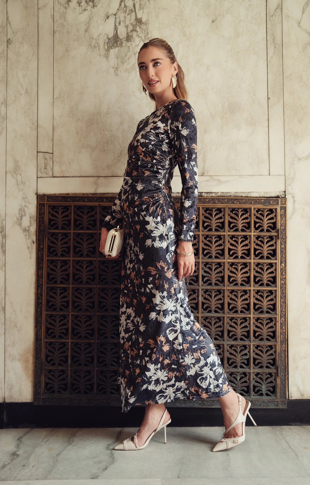 Side Ruched Velvet Dress- Brown and Black Floral