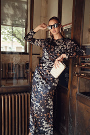 Side Ruched Velvet Dress- Brown and Black Floral