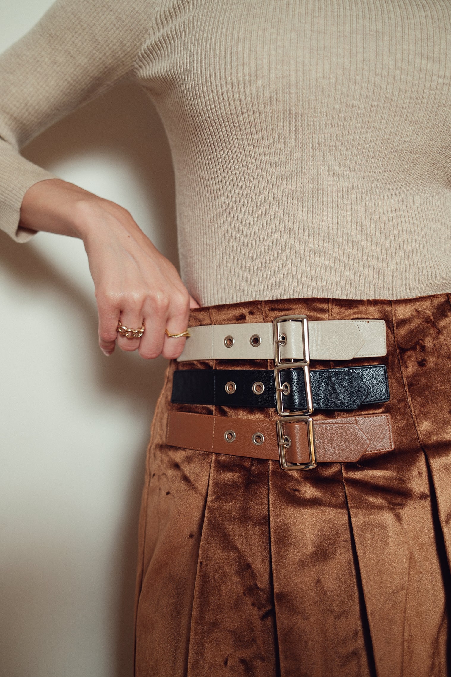 Bliss Triple Buckle Pleat Skirt Brown