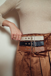 Bliss Triple Buckle Pleat Skirt Brown