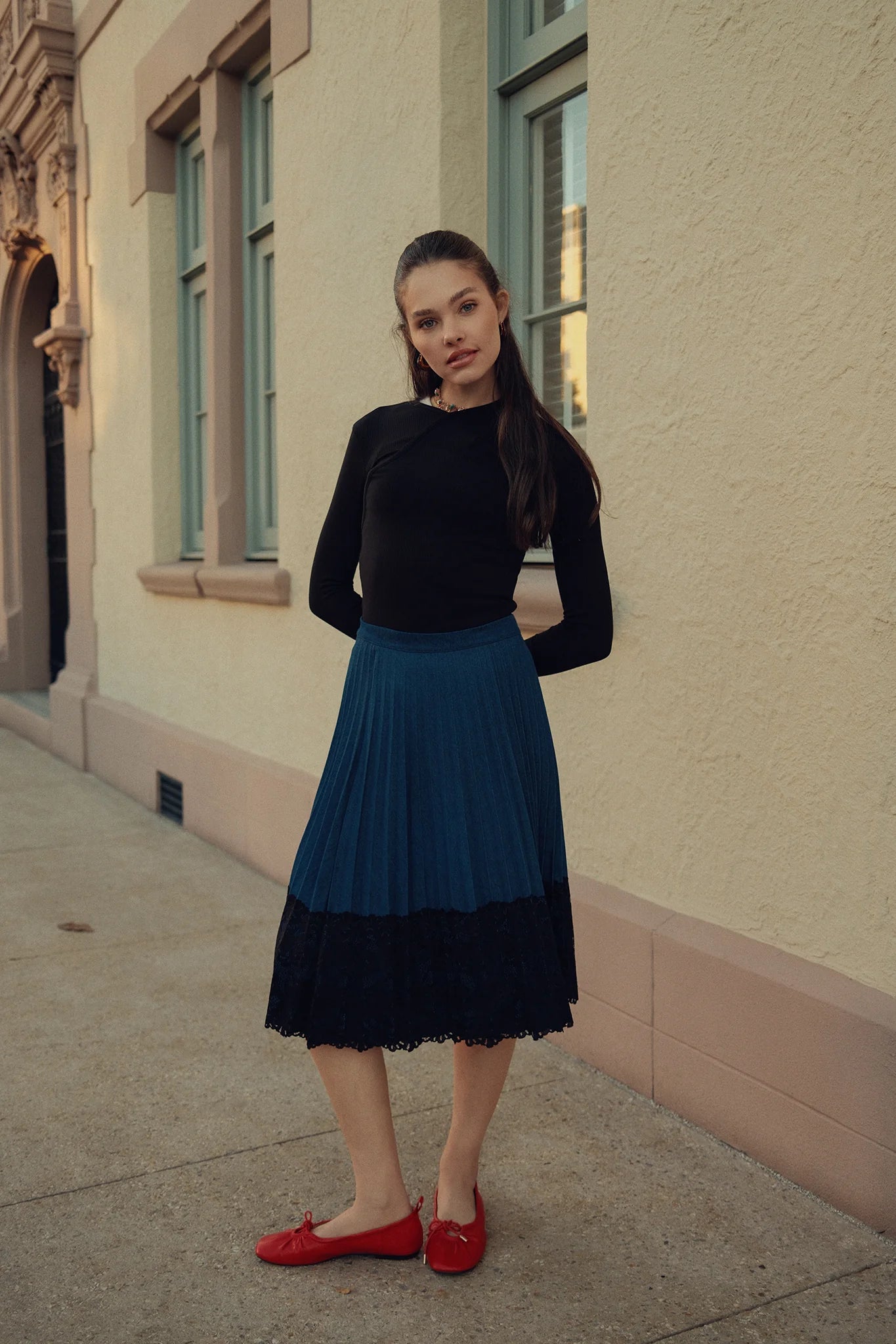 Lace Pleated Denim Skirt