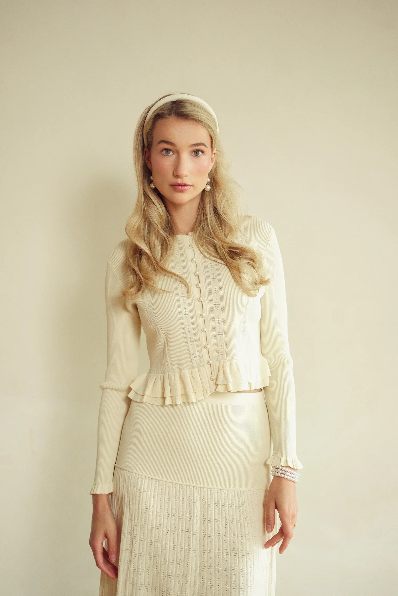 Bliss Pointelle Ruffle Cardi Cream
