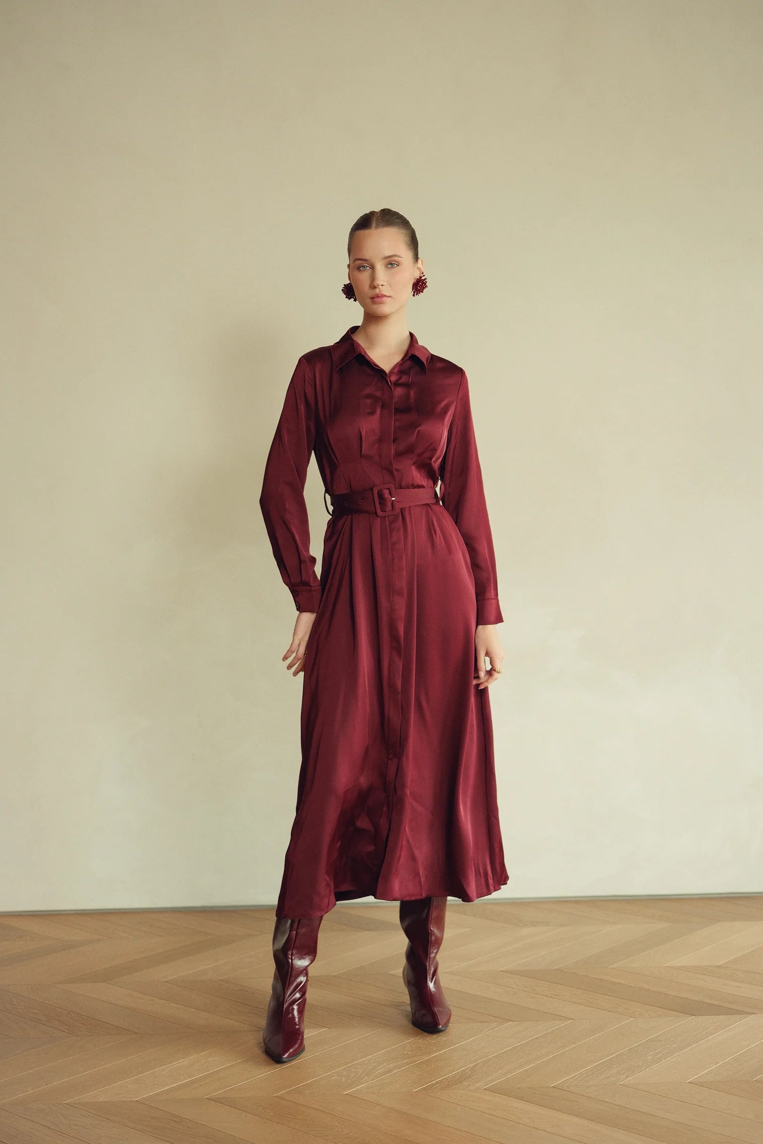 Bliss Pintuck Midi Dress Burgundy