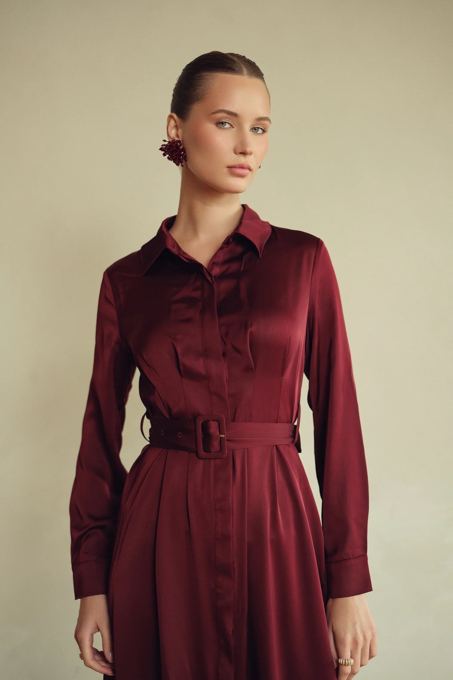 Bliss Pintuck Midi Dress Burgundy