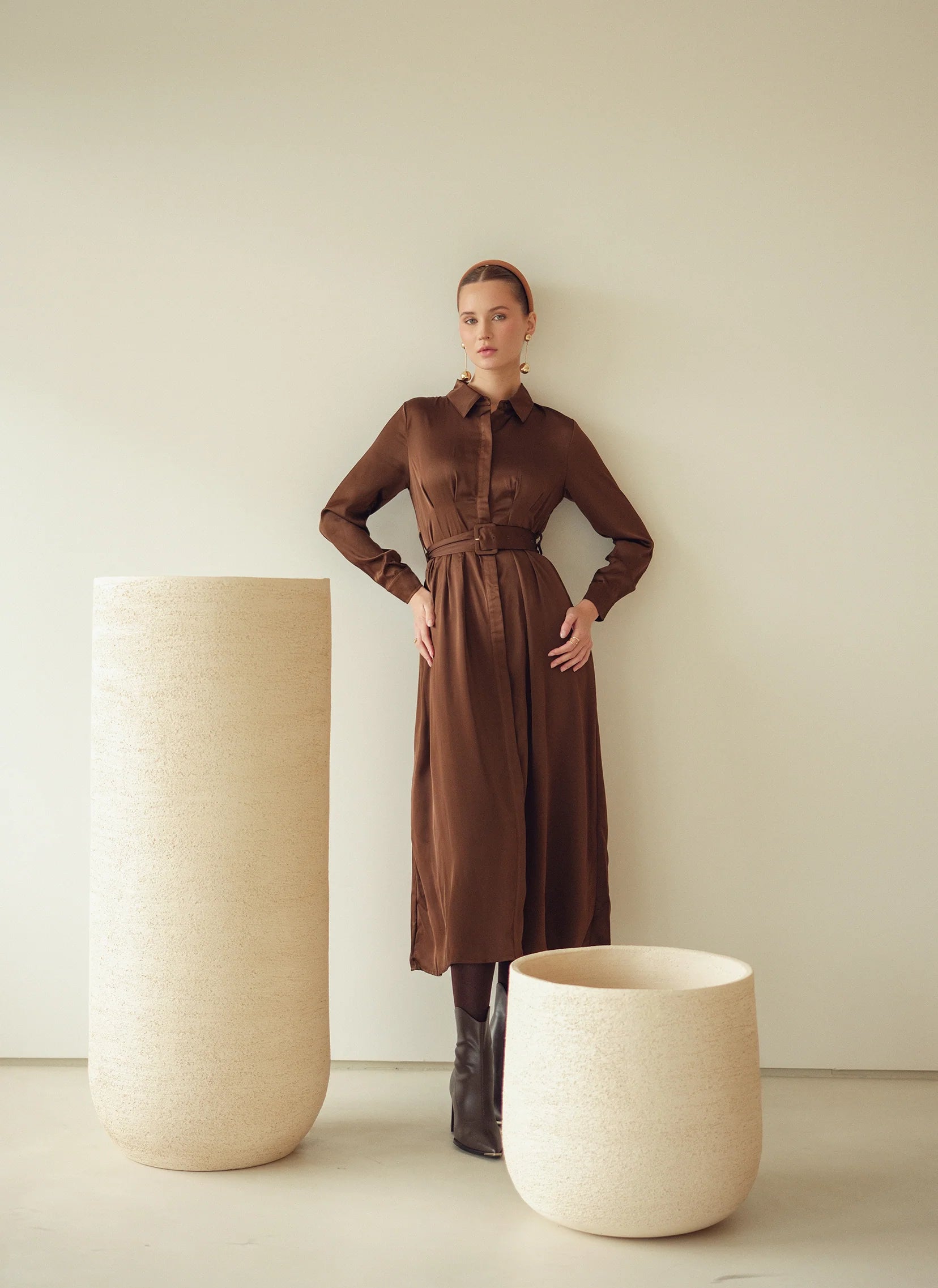 Bliss Pintuck Midi Dress Brown