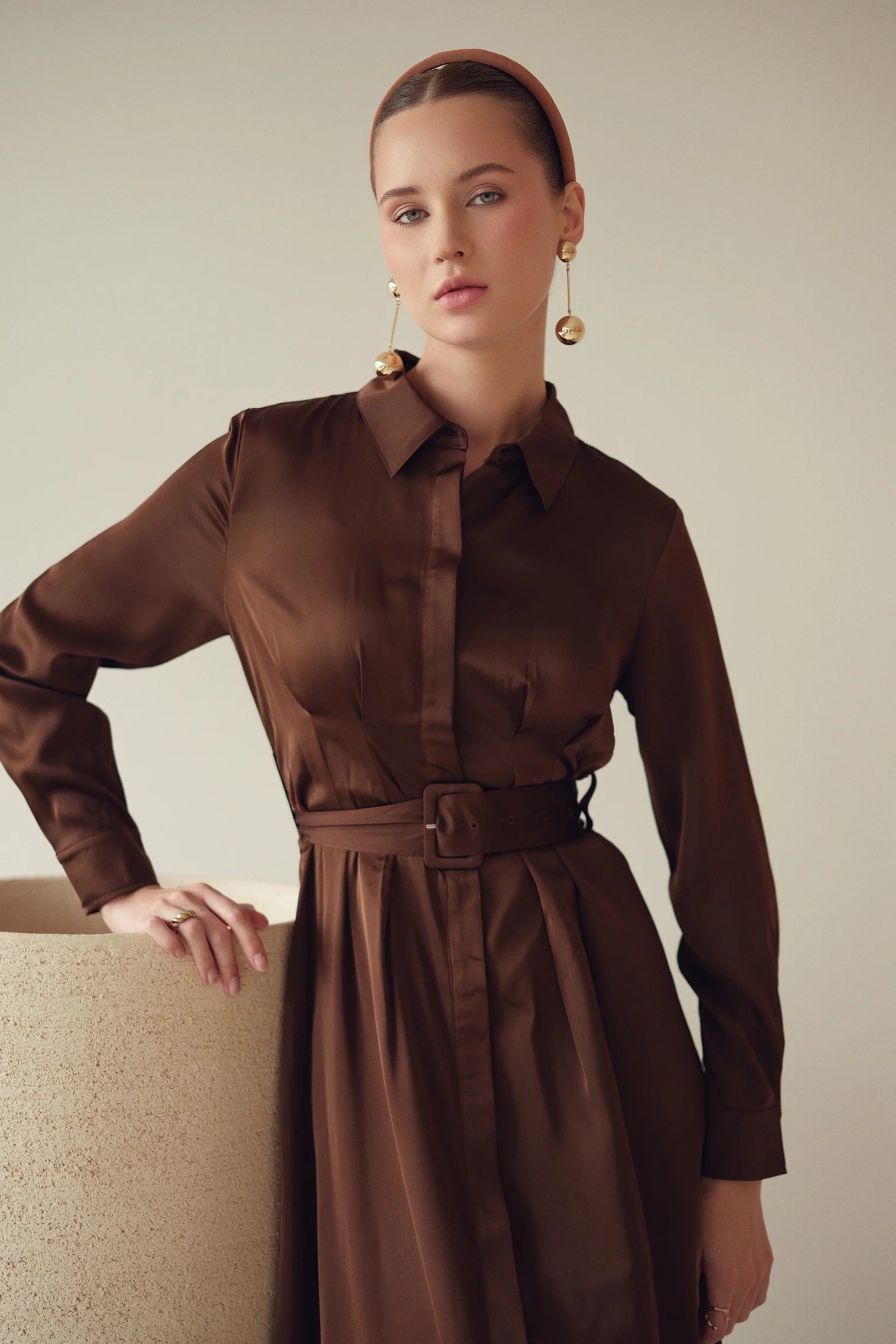 Bliss Pintuck Midi Dress Brown