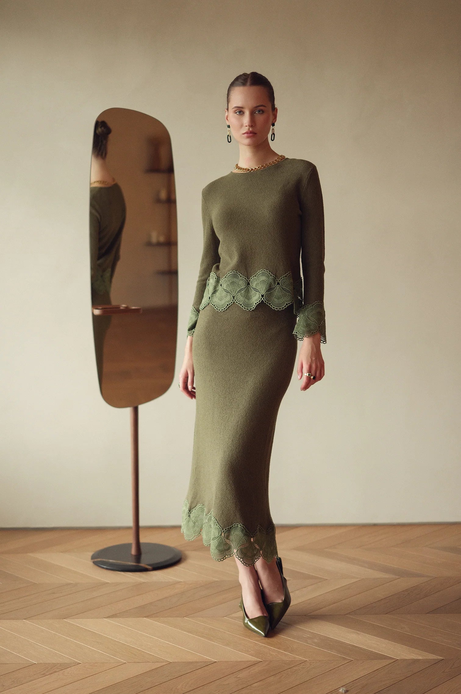 Bliss Knit Embroidered Skirt Olive