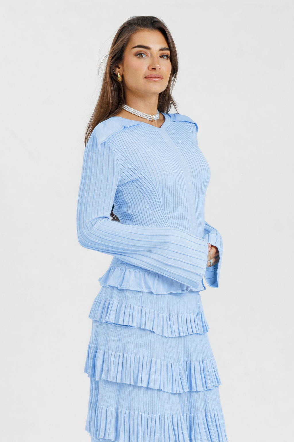 Thin Knit Ruffle Top Powder Blue