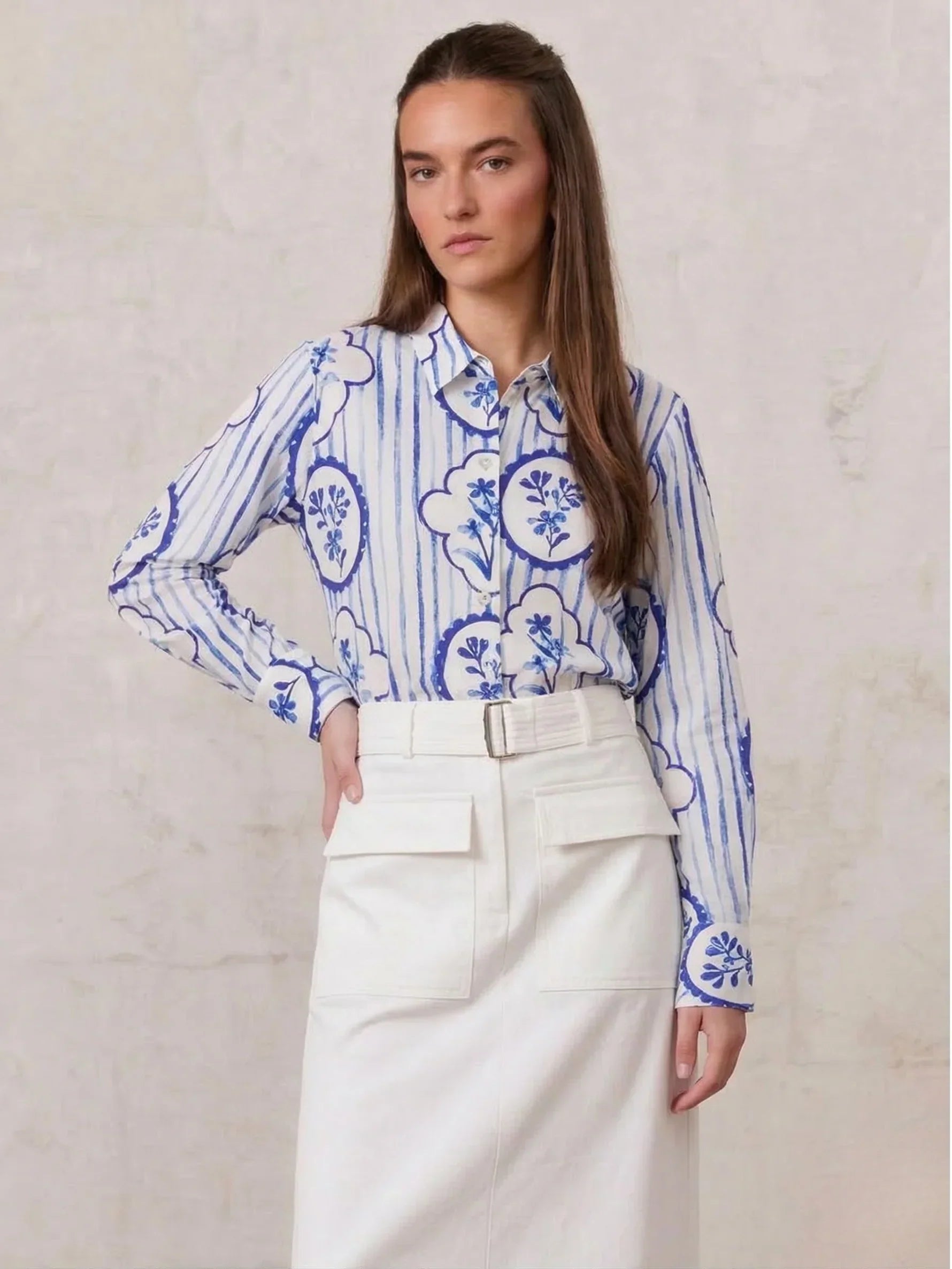 Printed Crinkle Button Down Blouse-Fresh Blue