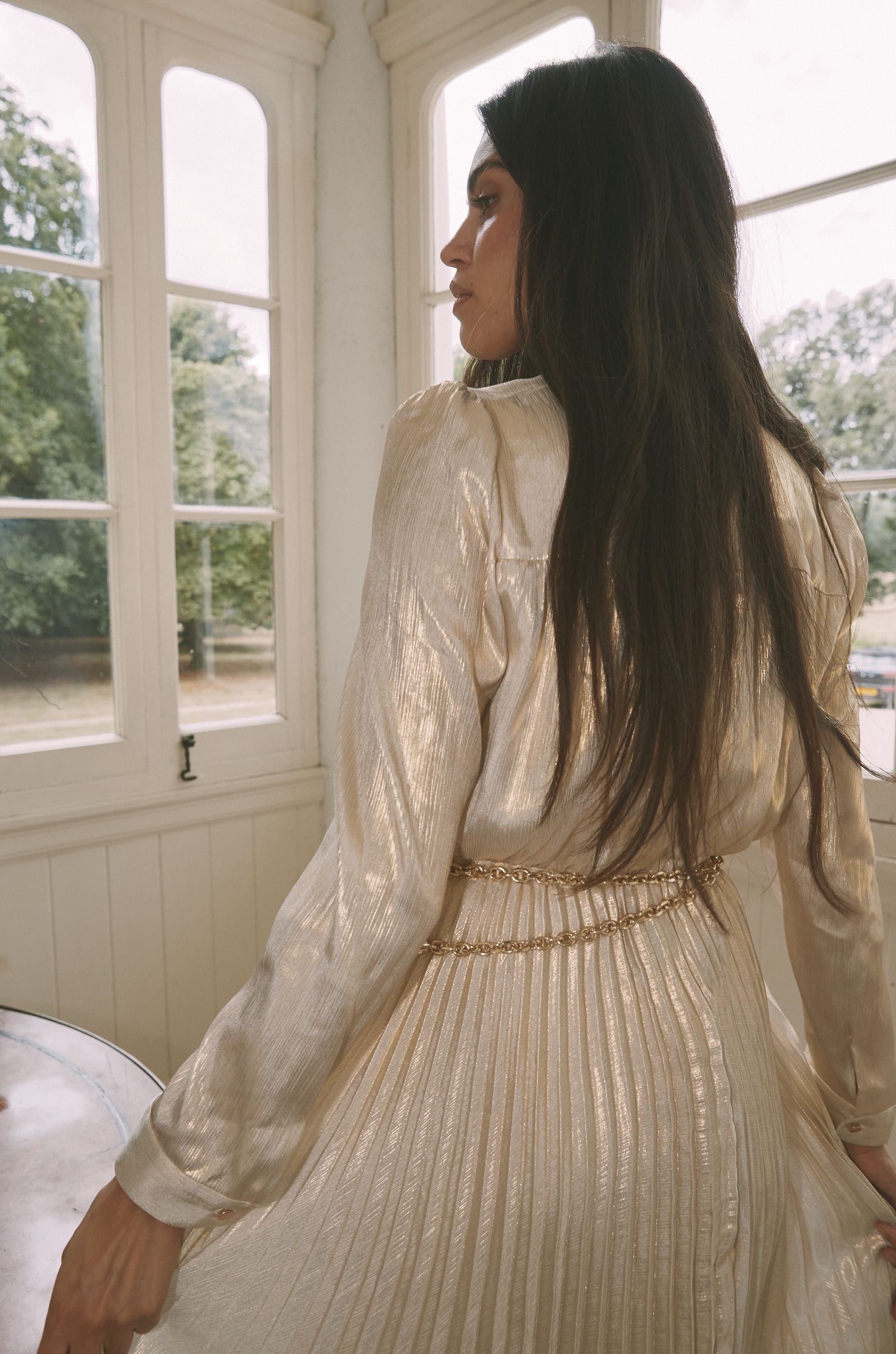 Pleated Lame Maxi Dress with Gold Chain Belt