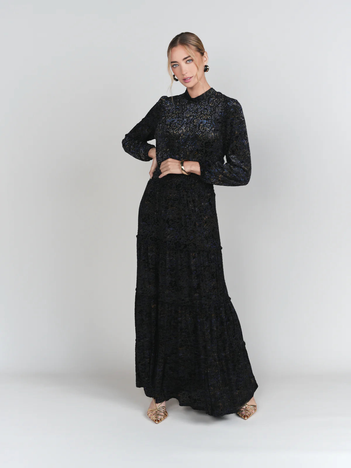Burnout Velvet Tiered Maxi Skirt- Black with Sapphire