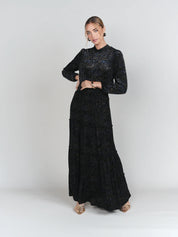 Burnout Velvet Tiered Maxi Skirt- Black with Sapphire