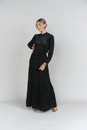 Burnout Velvet Tiered Maxi Skirt- Black with Sapphire