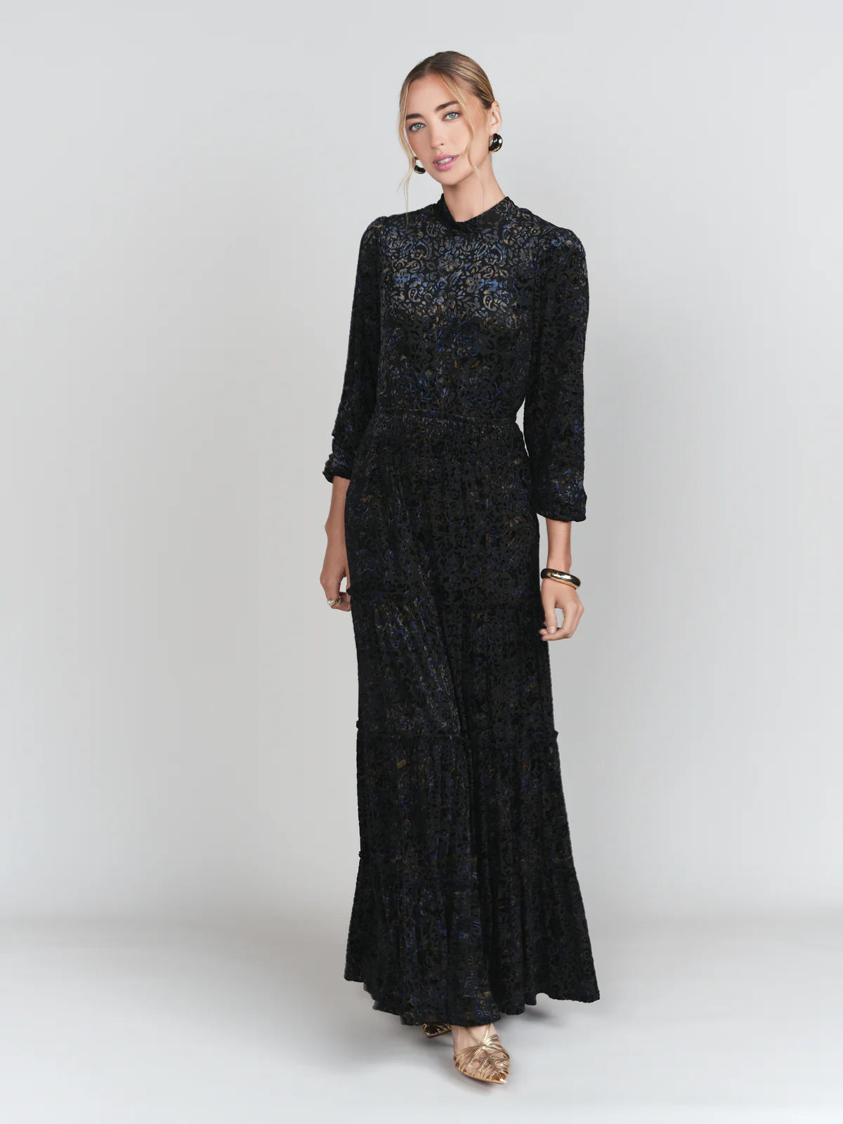 Burnout Velvet Tiered Maxi Skirt- Black with Sapphire