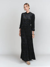 Burnout Velvet Tiered Maxi Skirt- Black with Sapphire