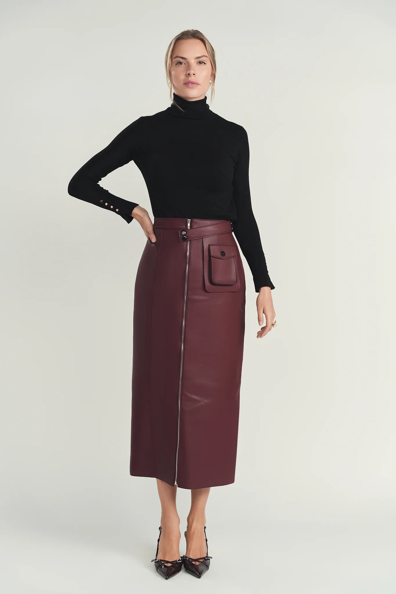 Maroon Structured Leather Skirt