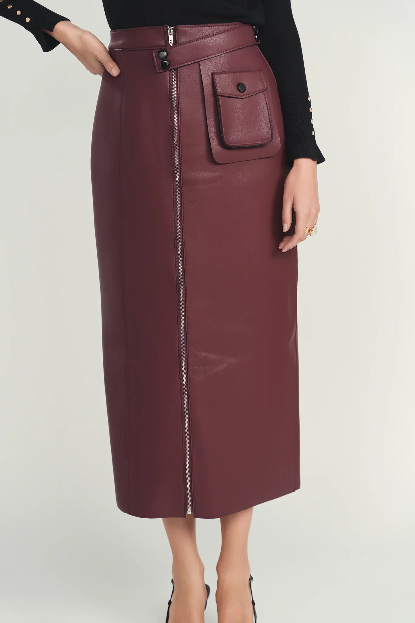 Maroon Structured Leather Skirt