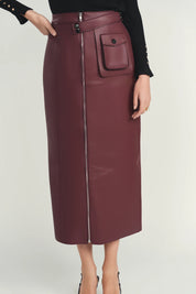 Maroon Structured Leather Skirt
