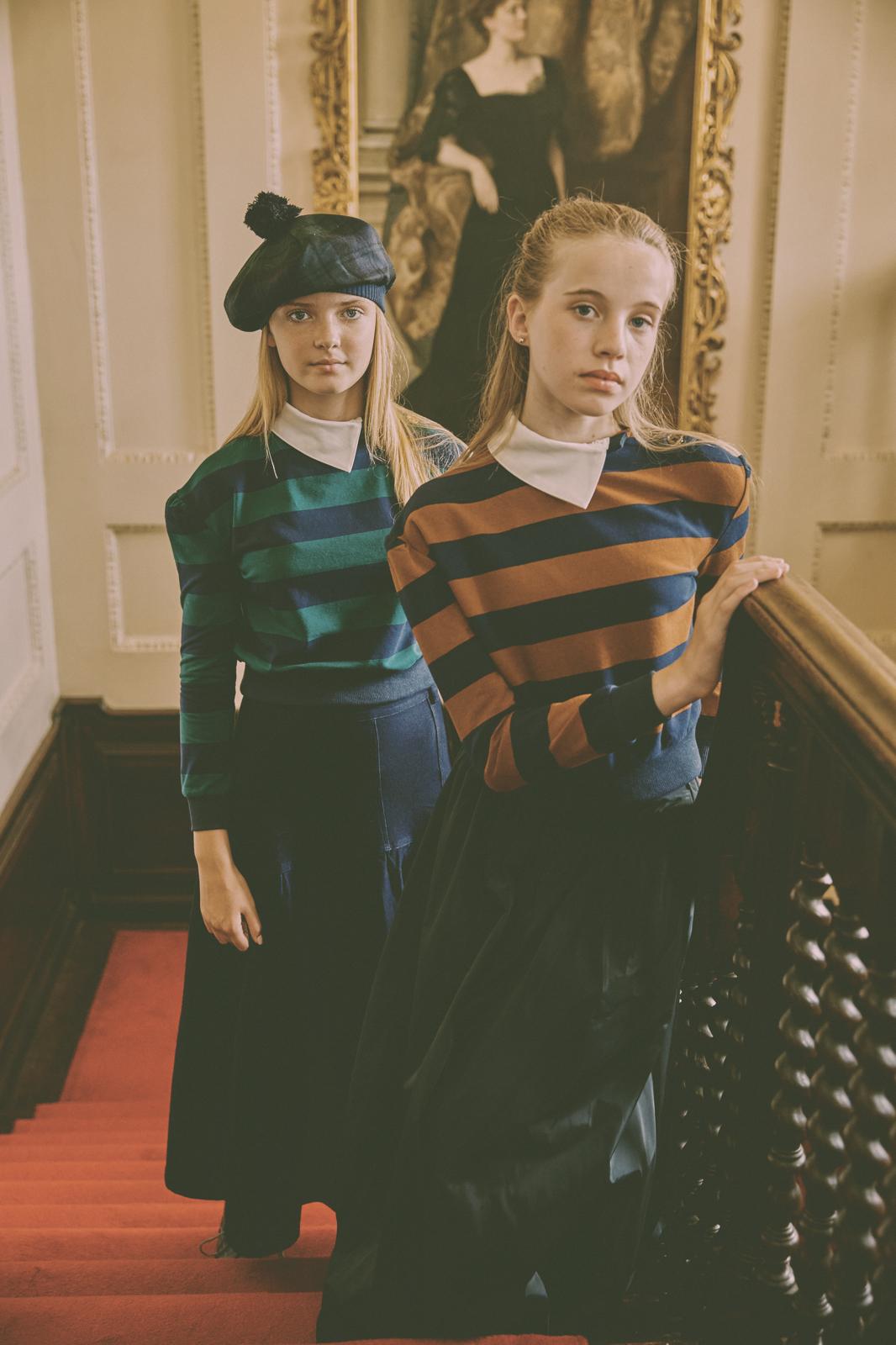 Stripe Sweatshirt with Open Side Fold Down Collar