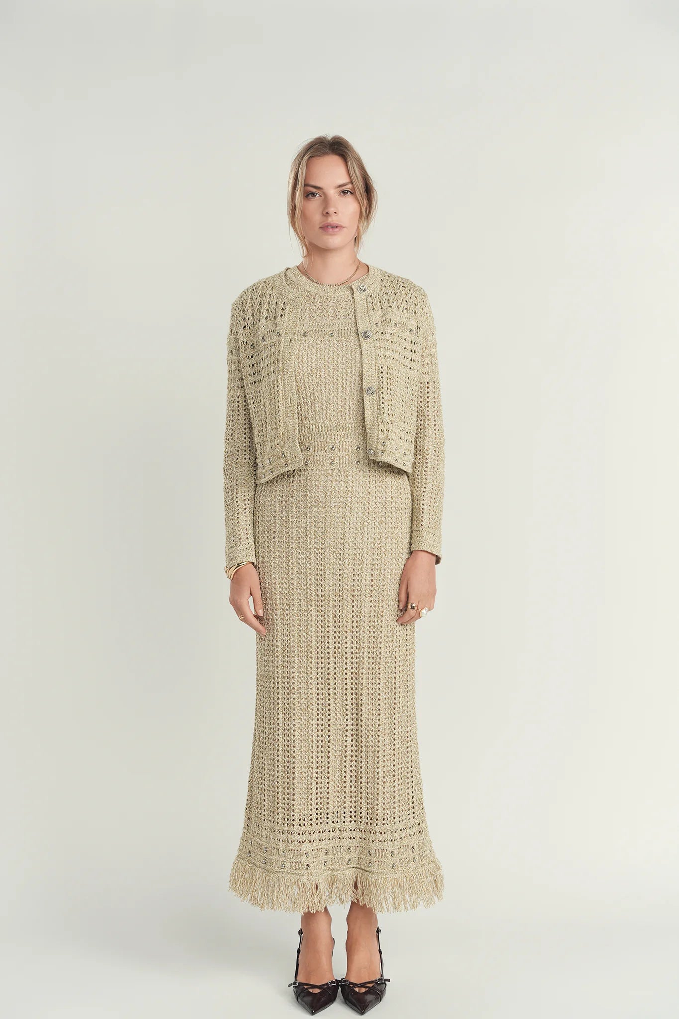 Shimmer Knit Dress & Cardigan - Gold Hue