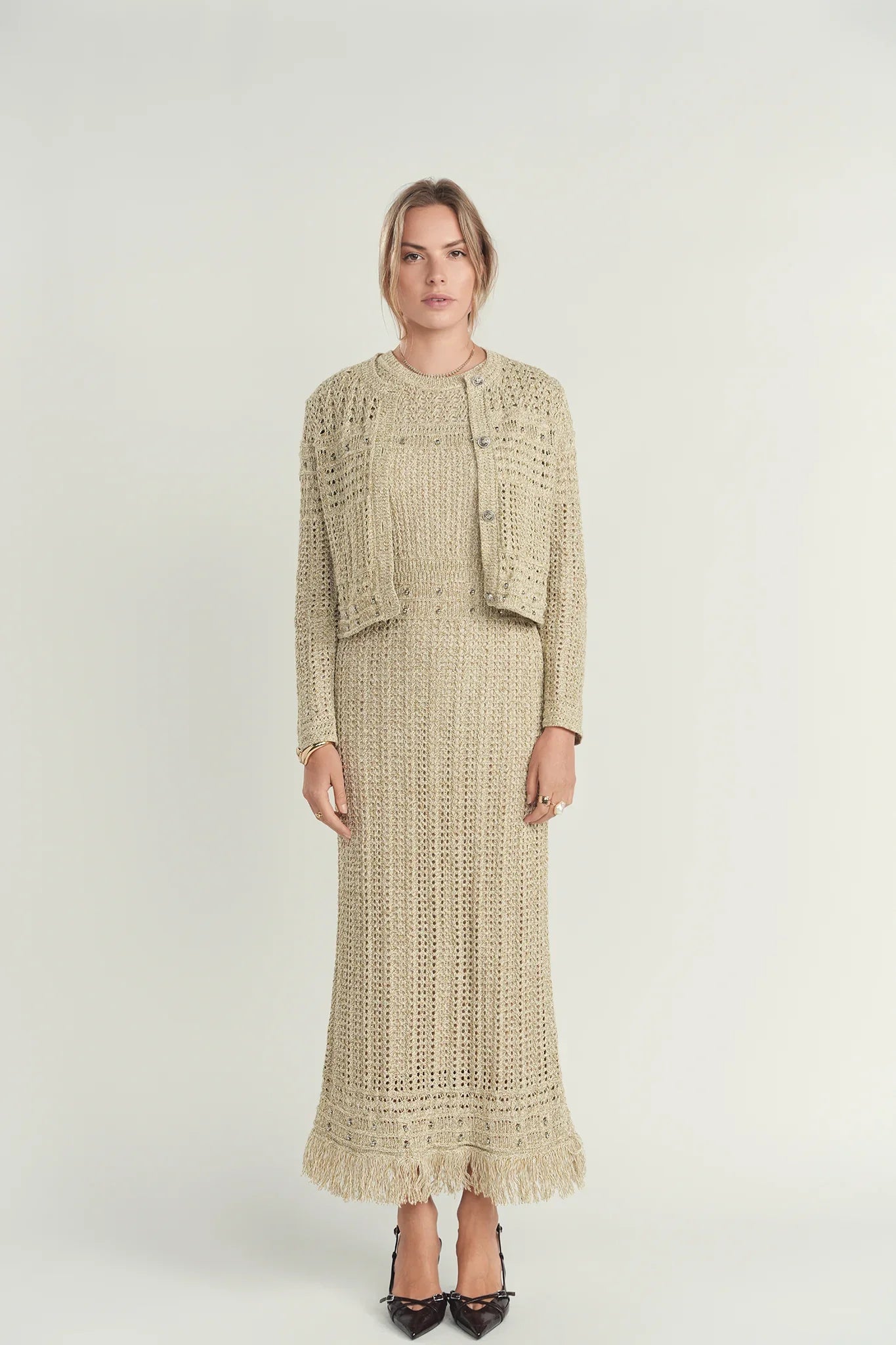 Shimmer Knit Dress & Cardigan - Gold Hue