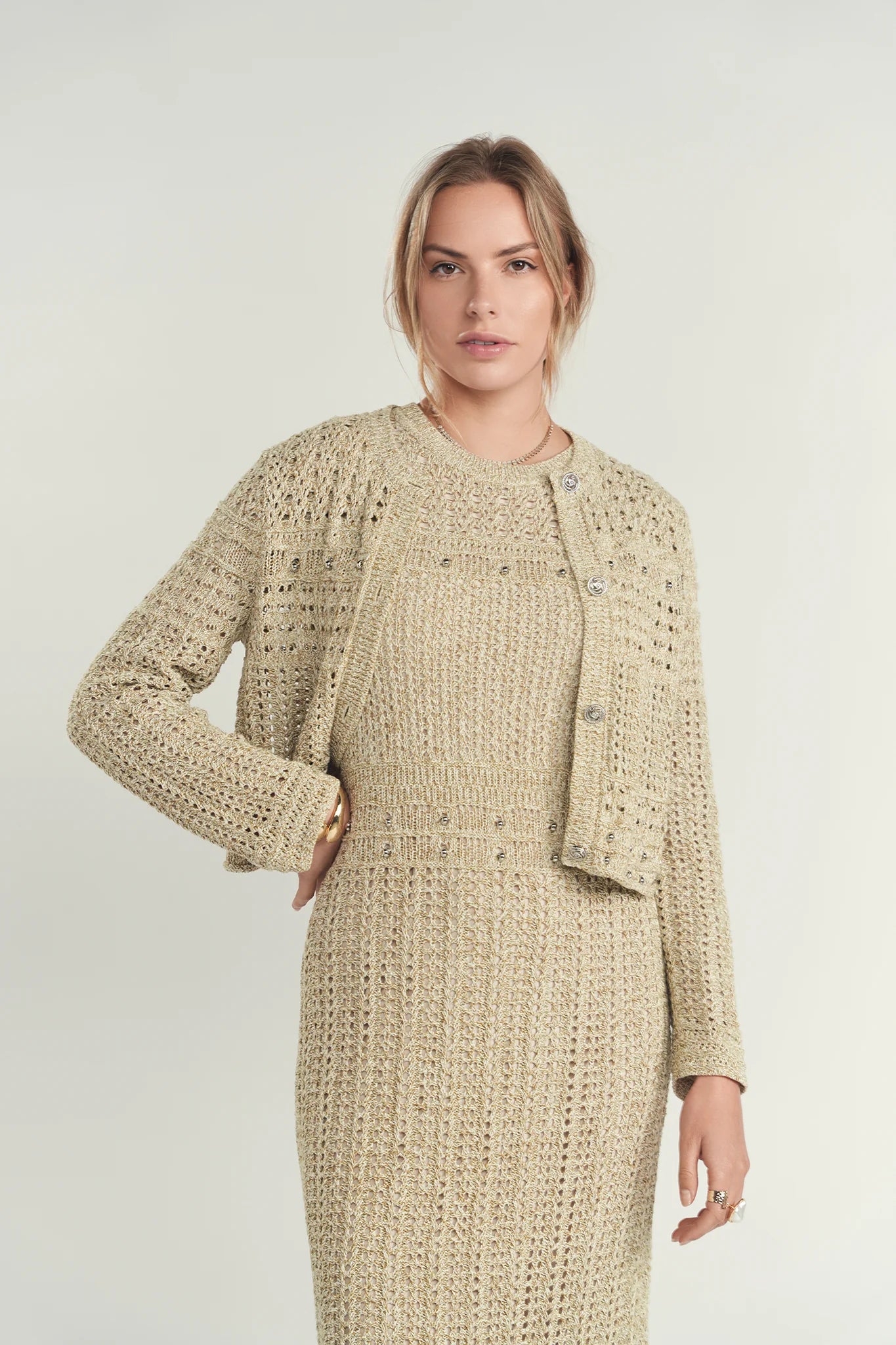 Shimmer Knit Dress & Cardigan - Gold Hue