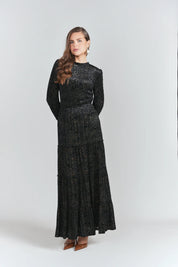 Burnout Velvet Tiered Maxi Skirt- Black with Emerald