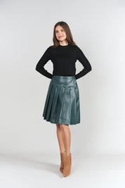 Drop Waist Leather Pleated Skirt- Pine