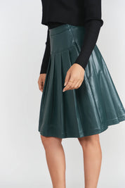 Drop Waist Leather Pleated Skirt- Pine