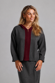 Hoodie Zip Up - Grey & Maroon