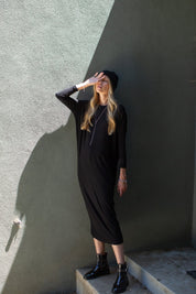 Dolman Sleeve Rib Maxi Dress- Black