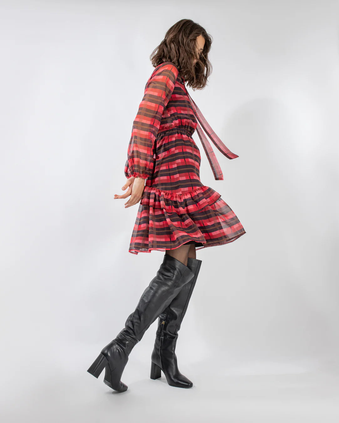 Plaid Chiffon Dress w/ Neck Tie