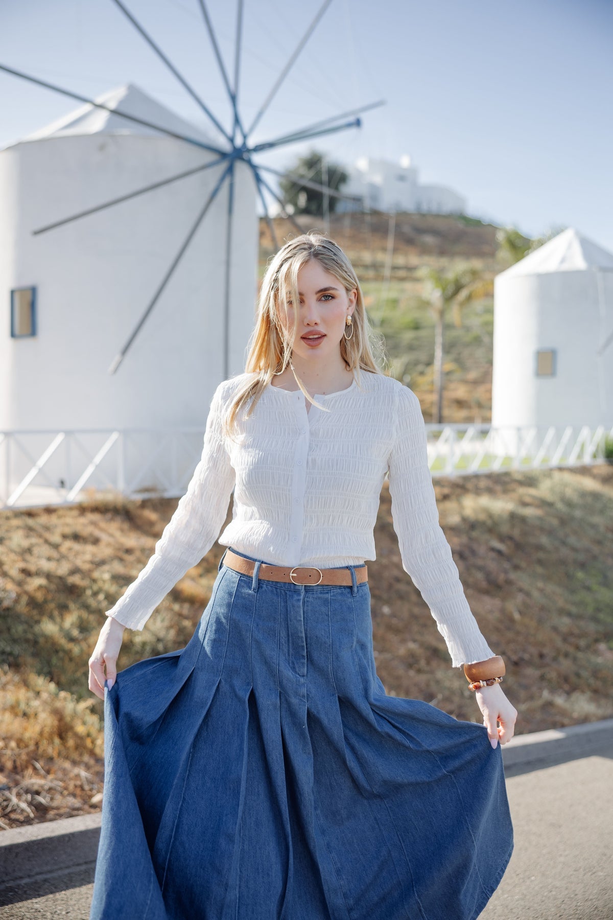 Pleated Denim Skirt