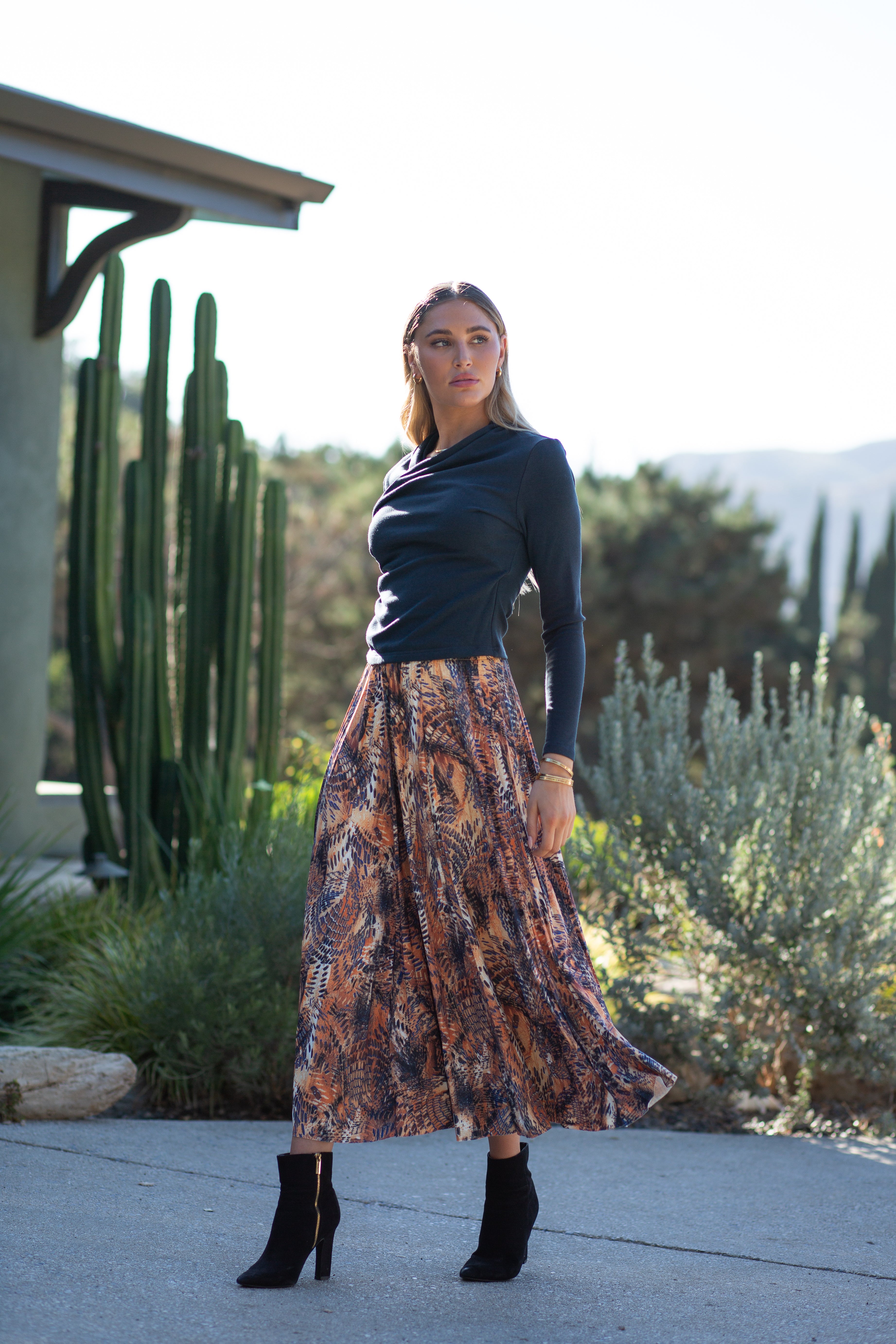 Jersey Pleated Skirt- Abstract Animal Print