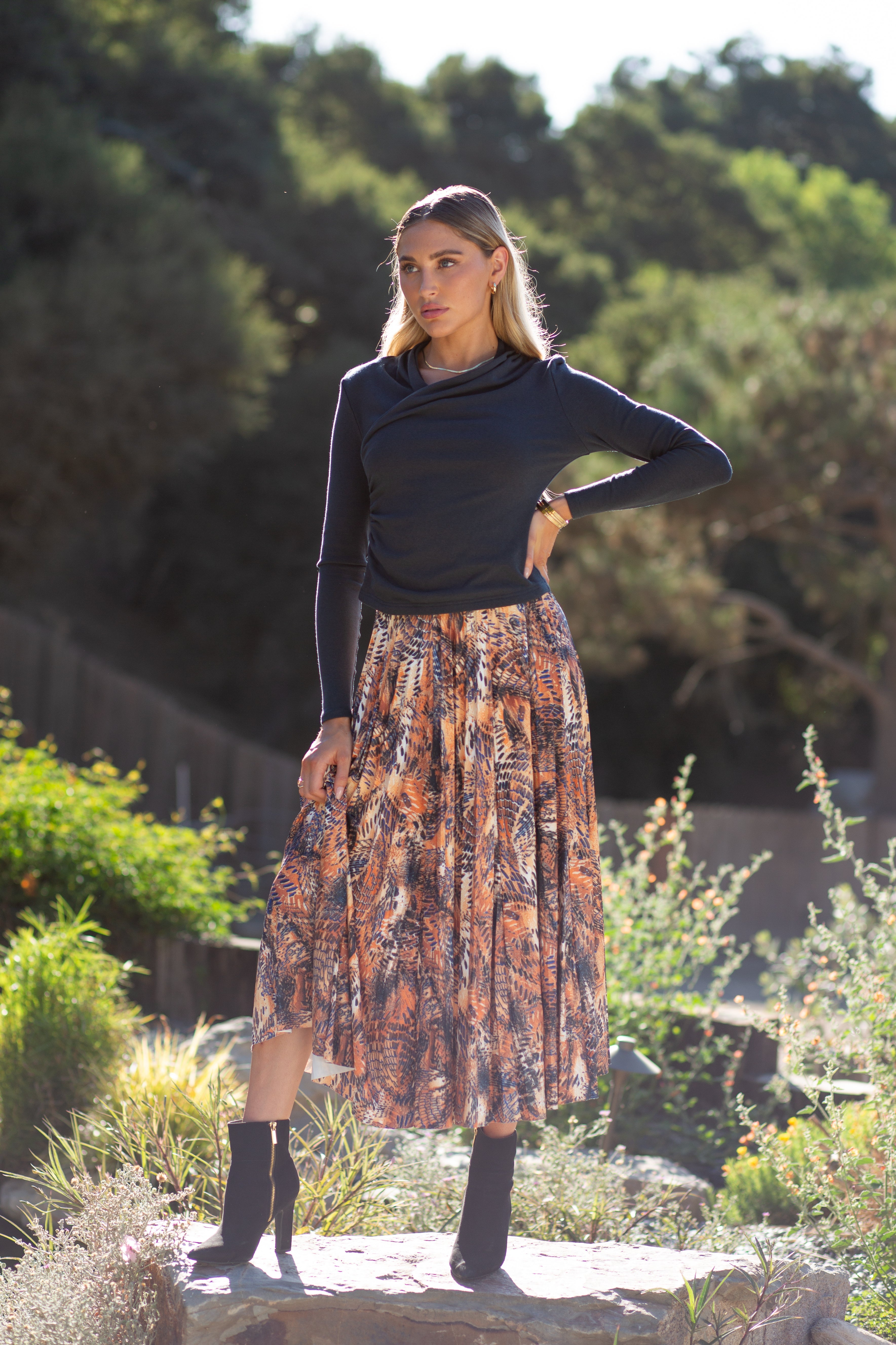 Jersey Pleated Skirt- Abstract Animal Print