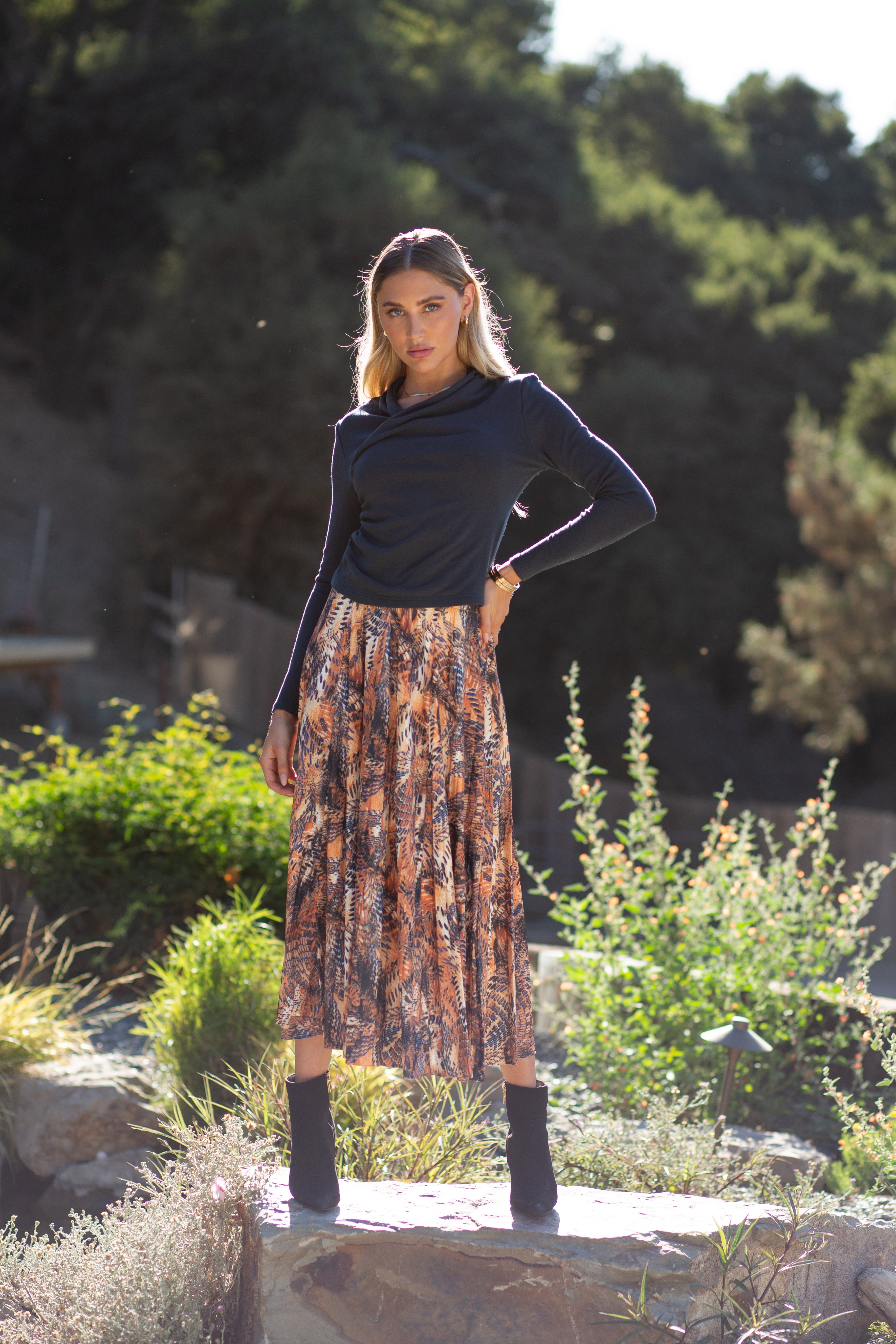 Jersey Pleated Skirt- Abstract Animal Print