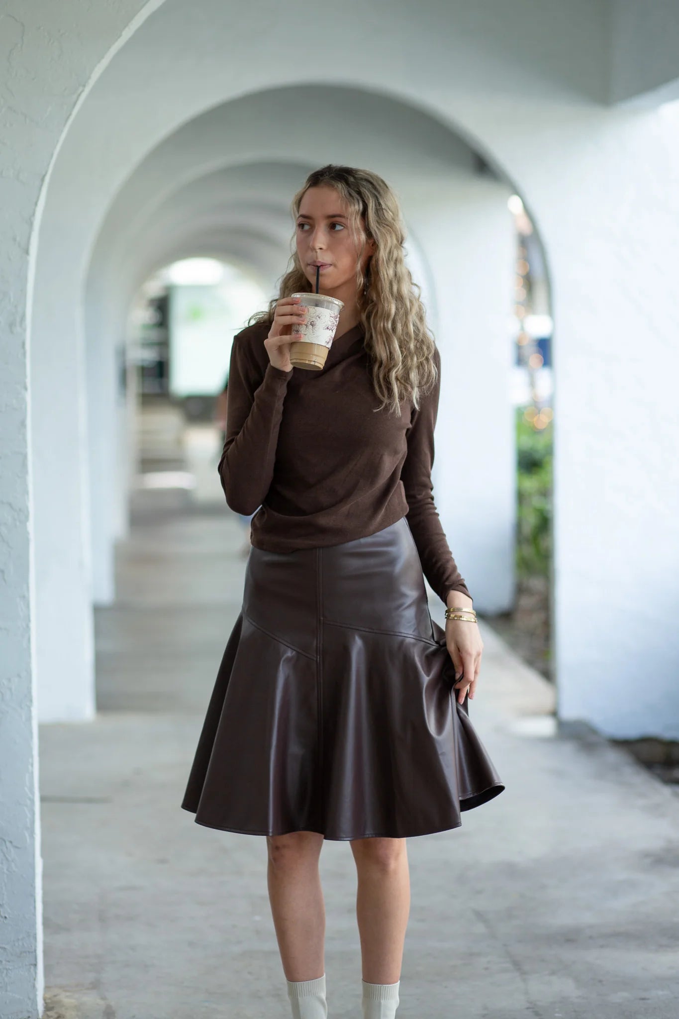 Drop Hem Leather Skirt- Chocolate