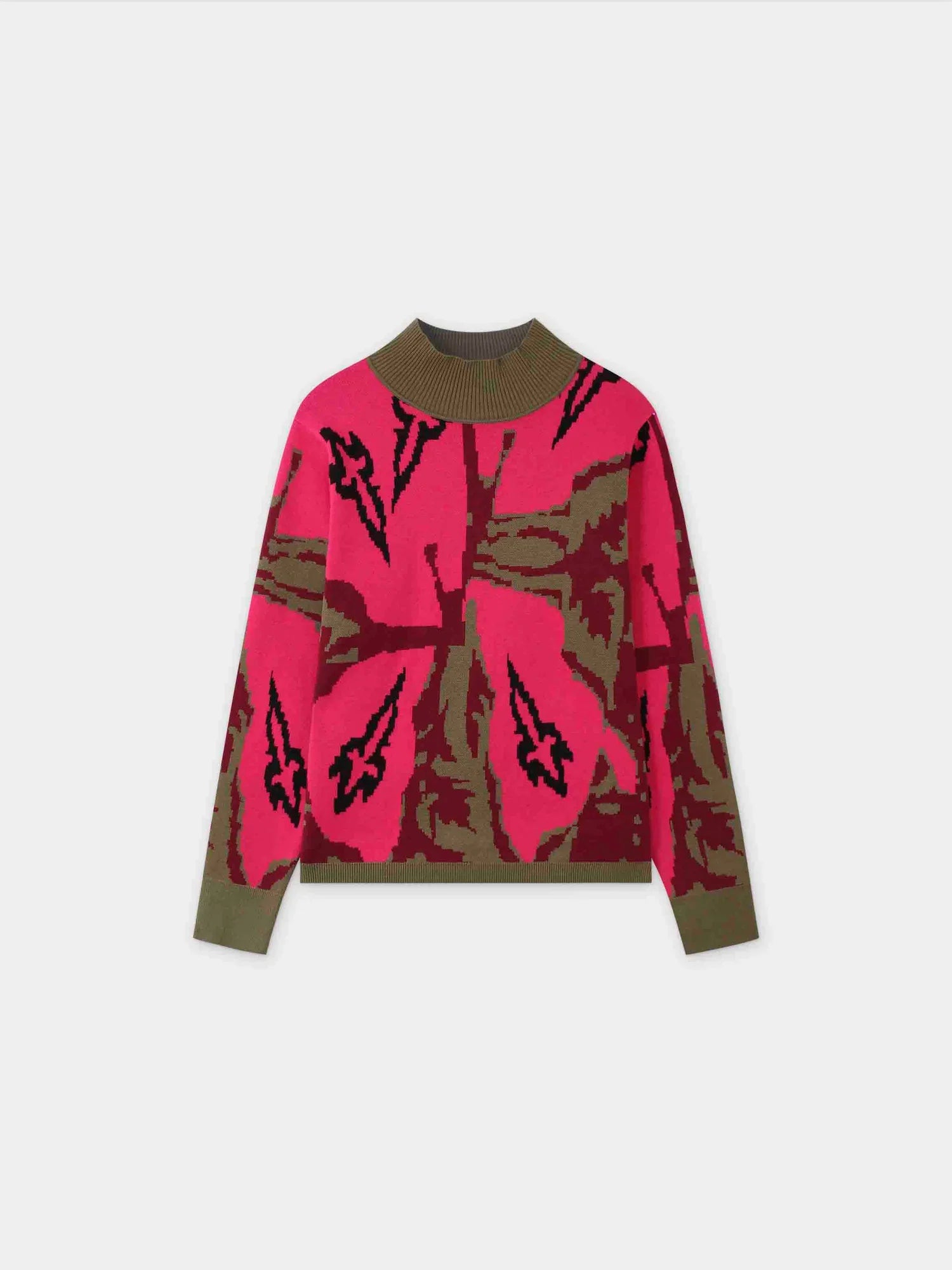 Printed Mock Neck Sweater-Pink/Maroon/Green