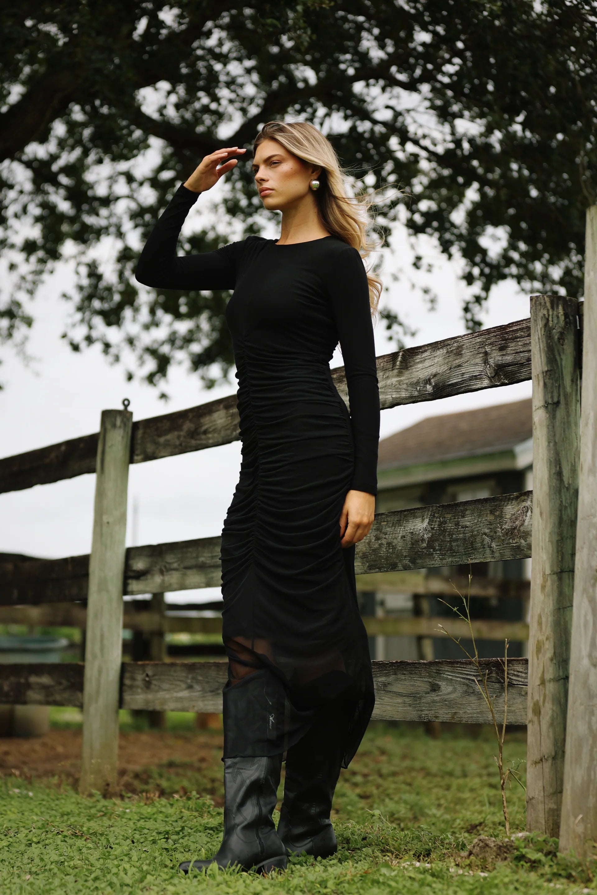 Black Ruched Center Mesh Maxi Dress