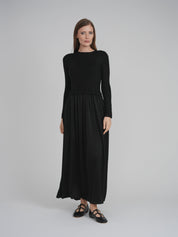 KNIT SATIN COMBO DRESS (BLACK)