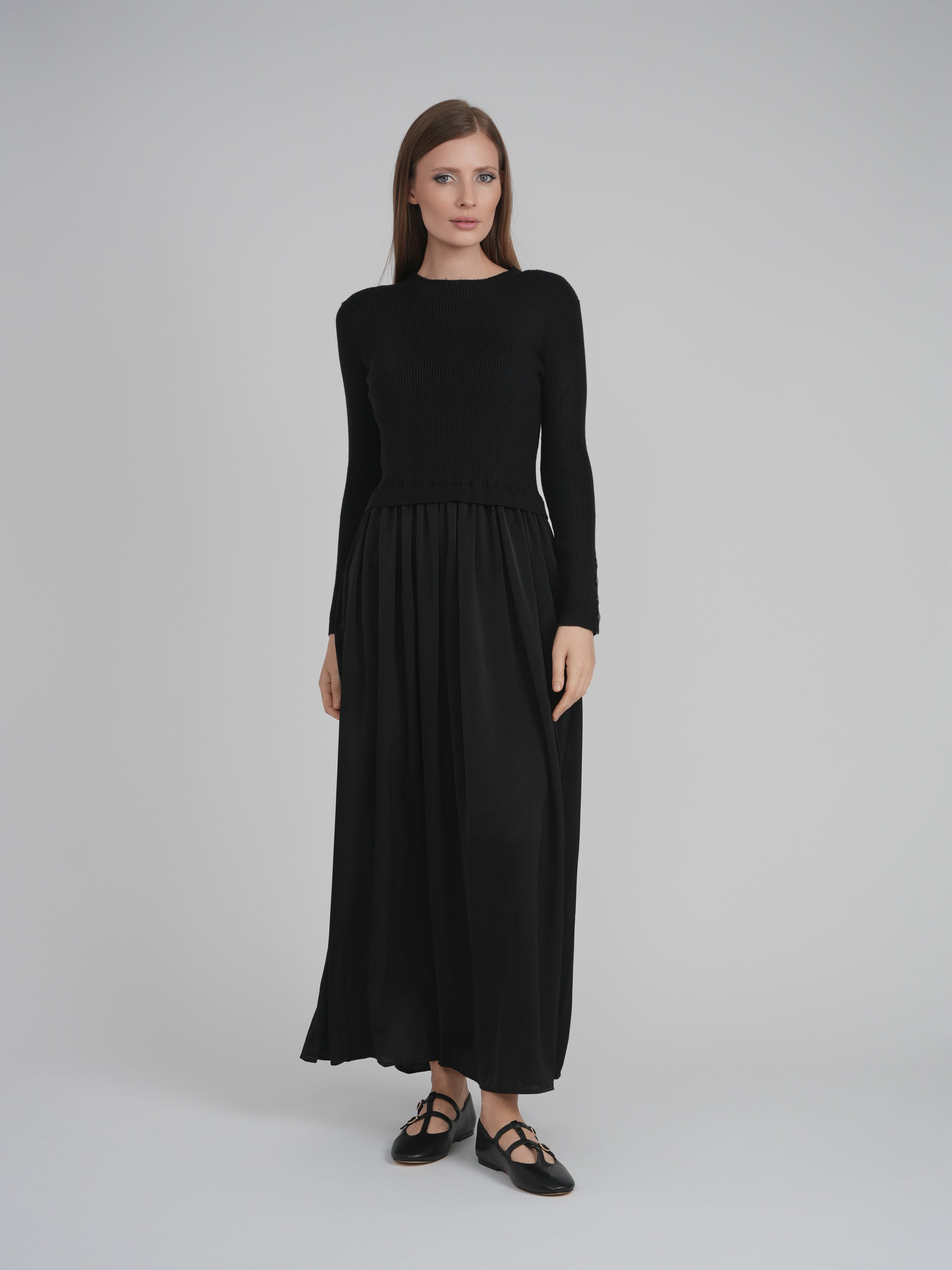 KNIT SATIN COMBO DRESS (BLACK)
