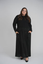 KNIT SATIN COMBO DRESS (BLACK)