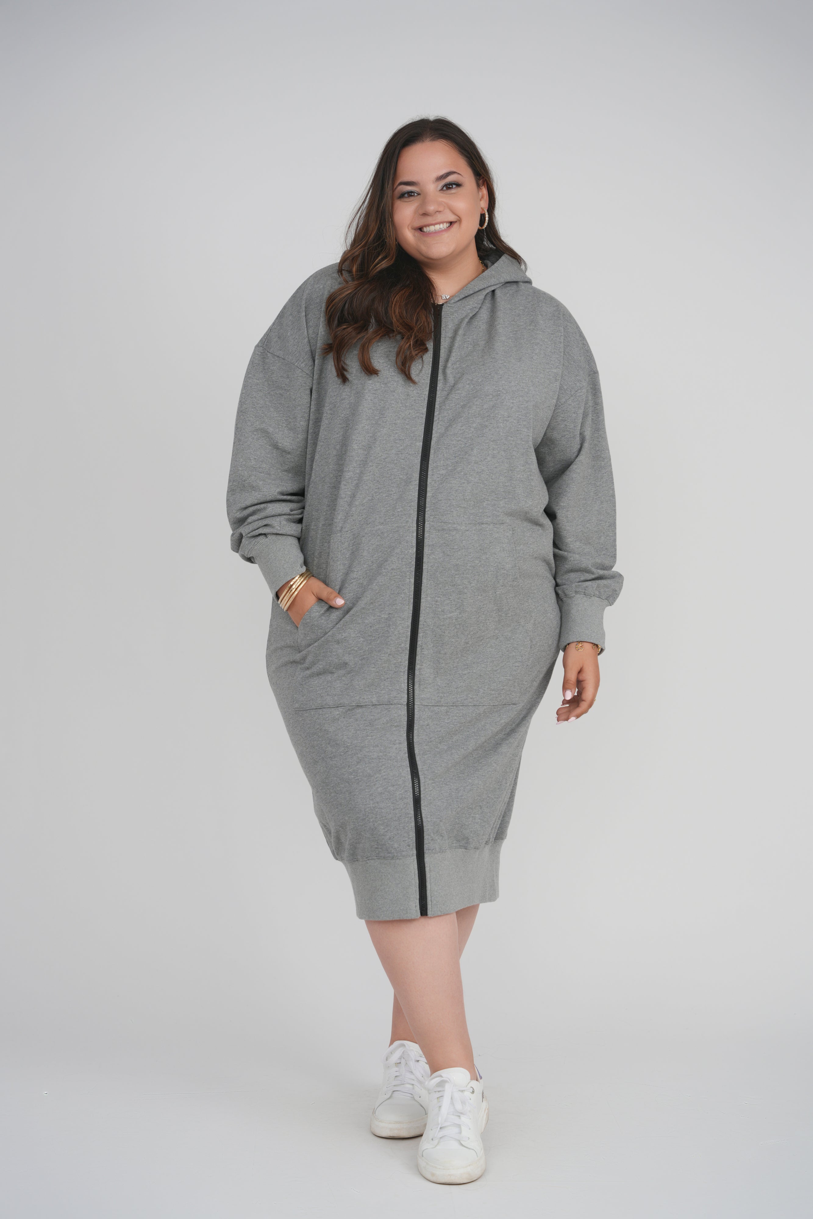 HOODIE ZIP UP DRESS LONG LENGTH 41" (CHARCOAL)