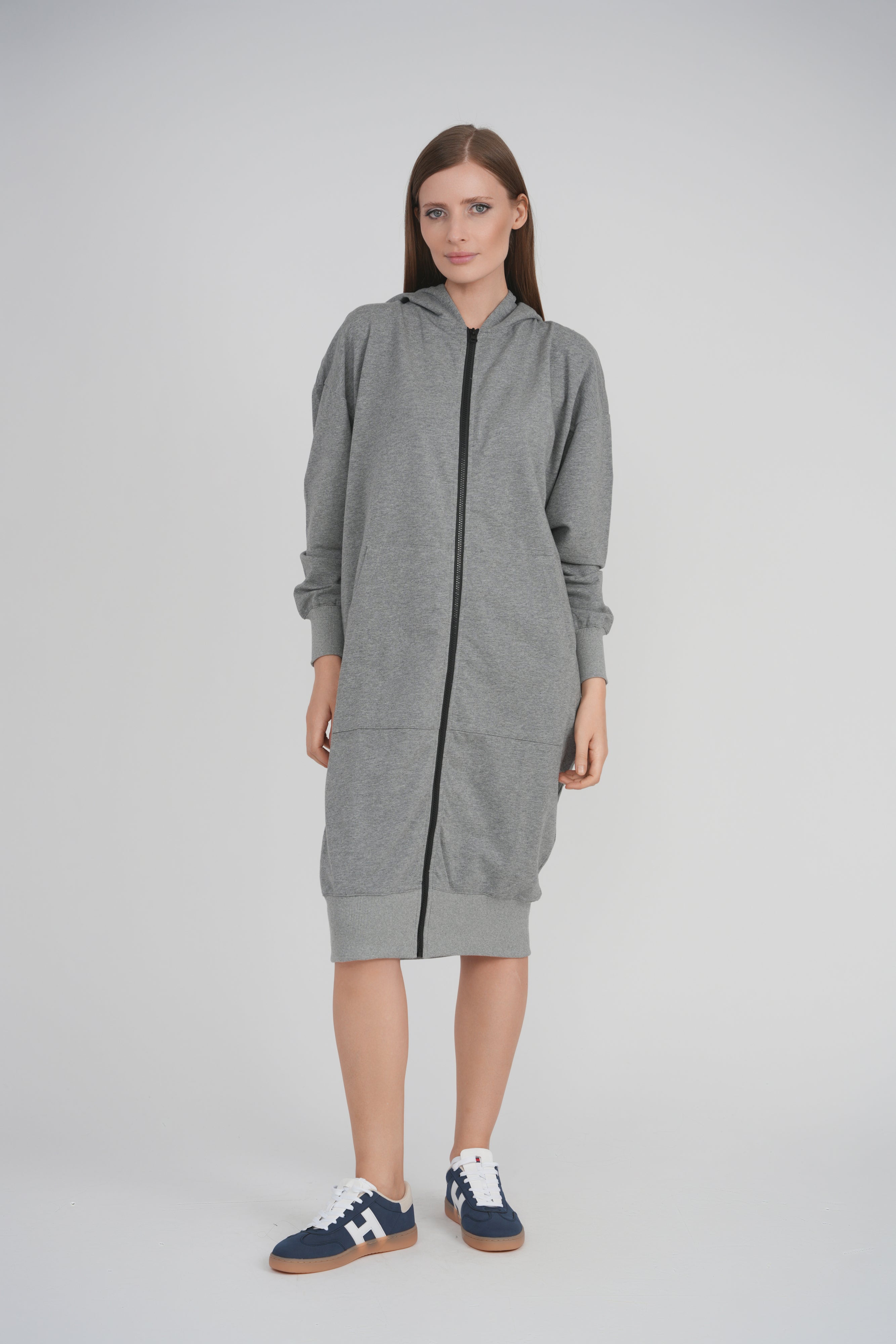 HOODIE ZIP UP DRESS LONG LENGTH 41" (CHARCOAL)