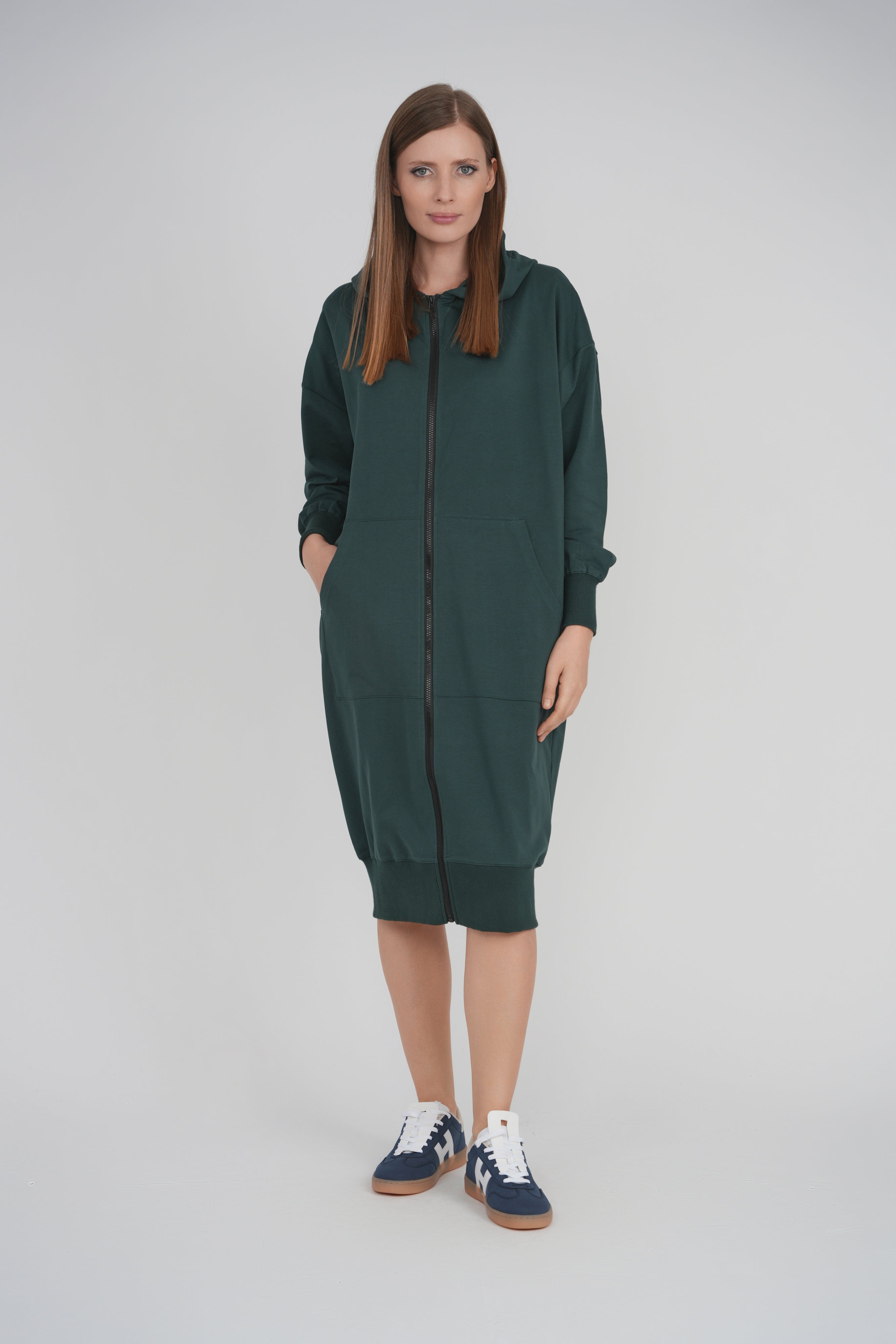HOODIE ZIP UP DRESS LONG LENGTH 41" (HUNTER)