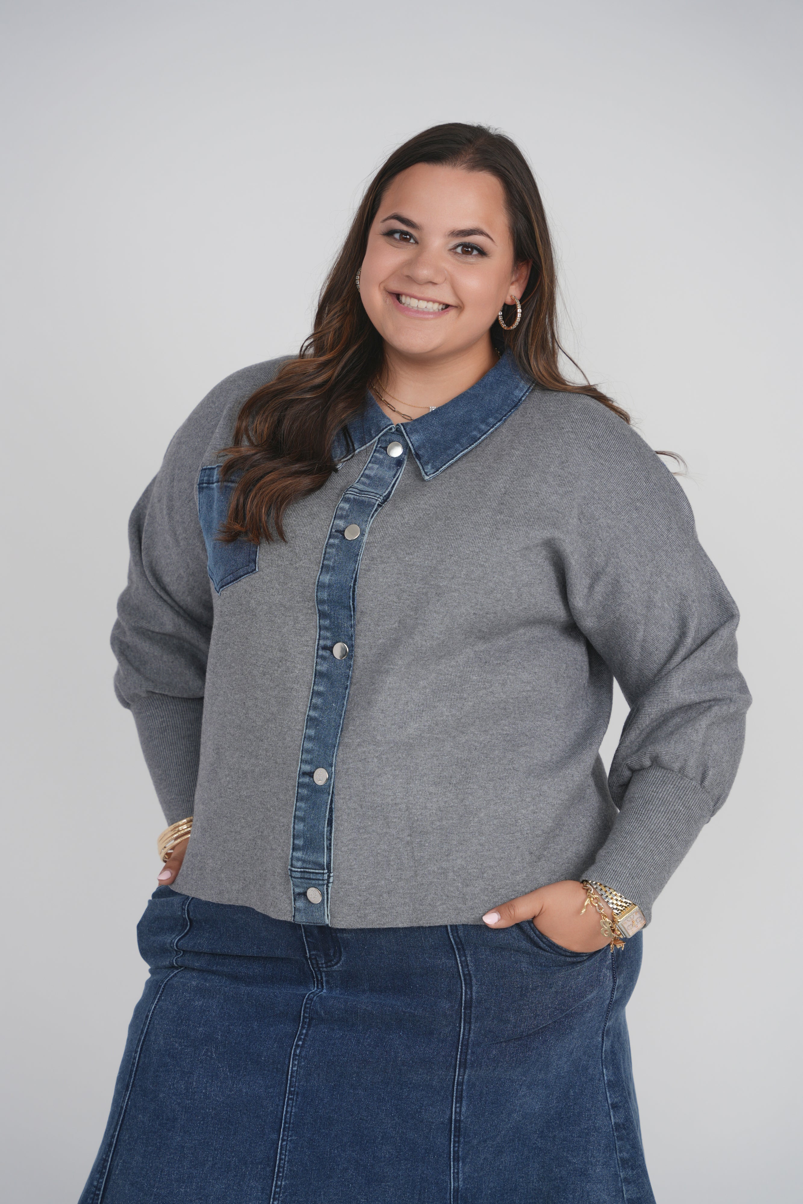 KNIT DENIM CARDIGAN (GREY)