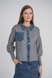 KNIT DENIM CARDIGAN (GREY)