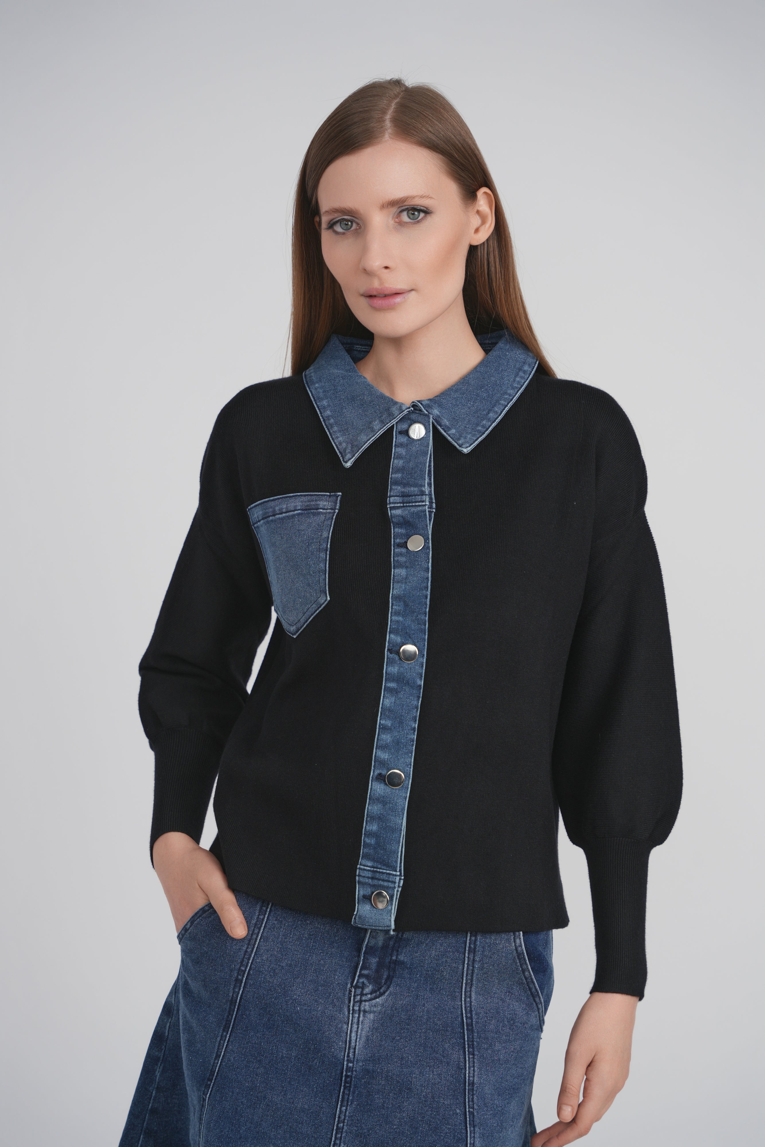 KNIT DENIM CARDIGAN (BLACK)